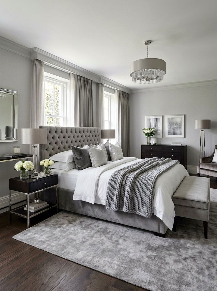 Grey velvet upholstered bed - 30 contemporary grey bedroom ideas