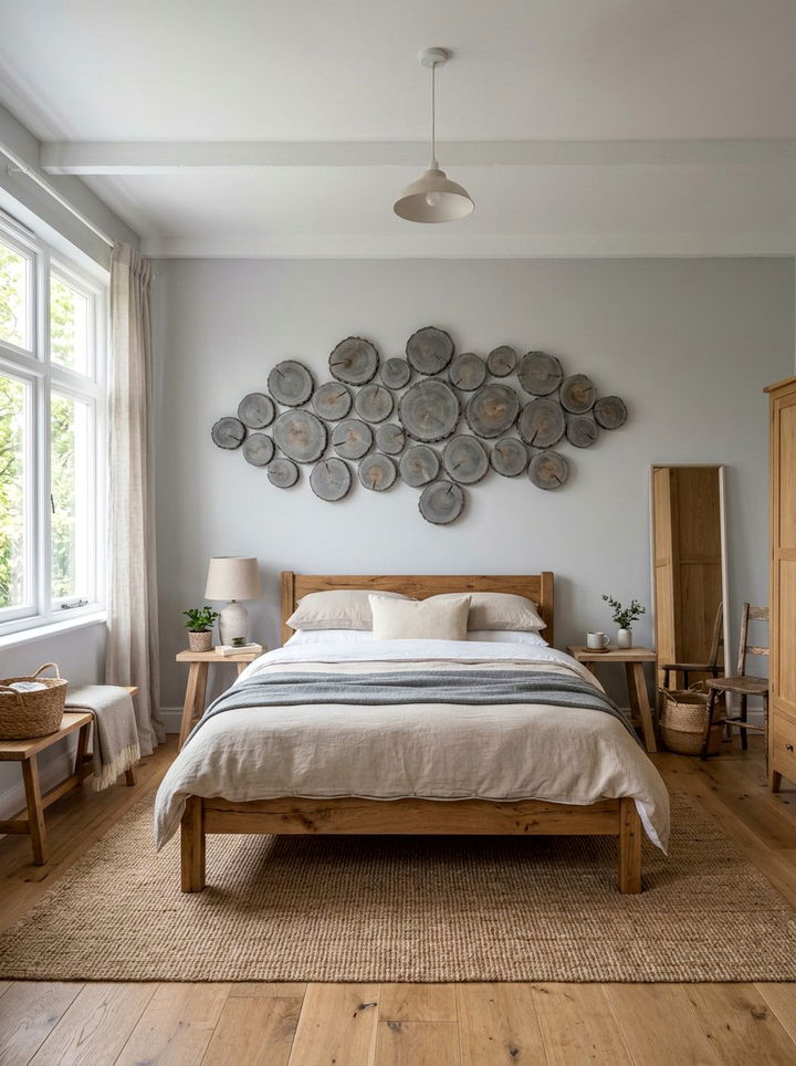 Grey wood slice wall art - 30 rustic grey bedroom ideas