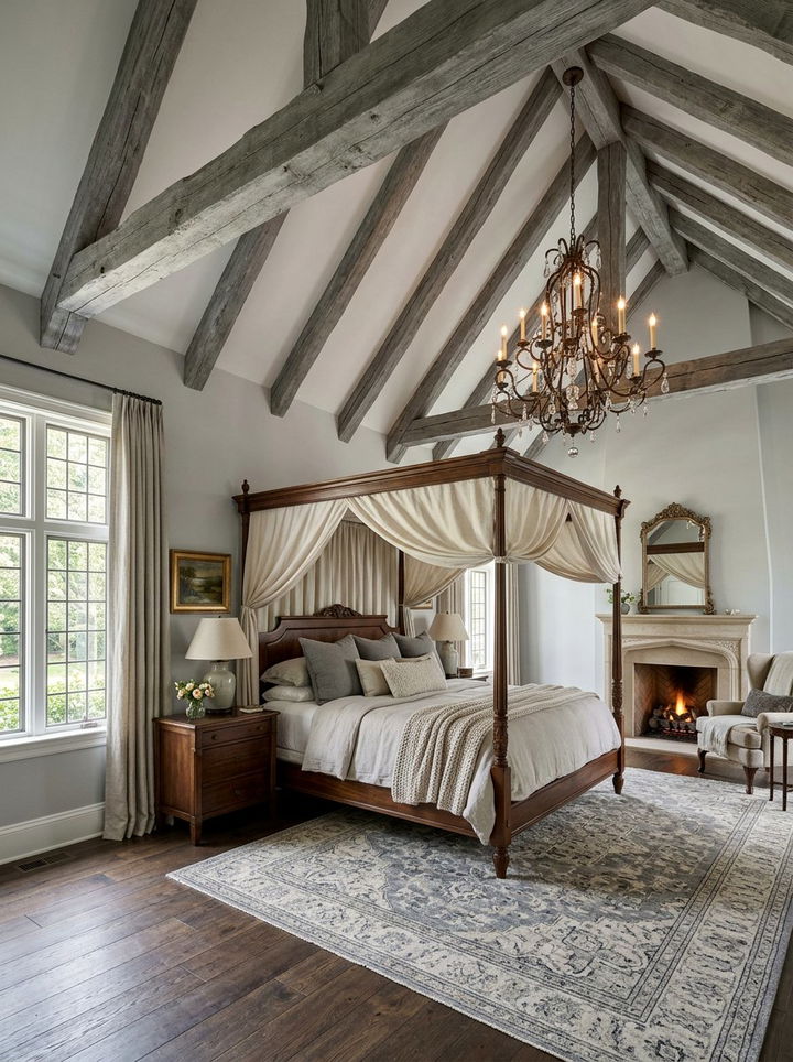 Grey wooden ceiling beams - 30 traditional grey bedroom ideas