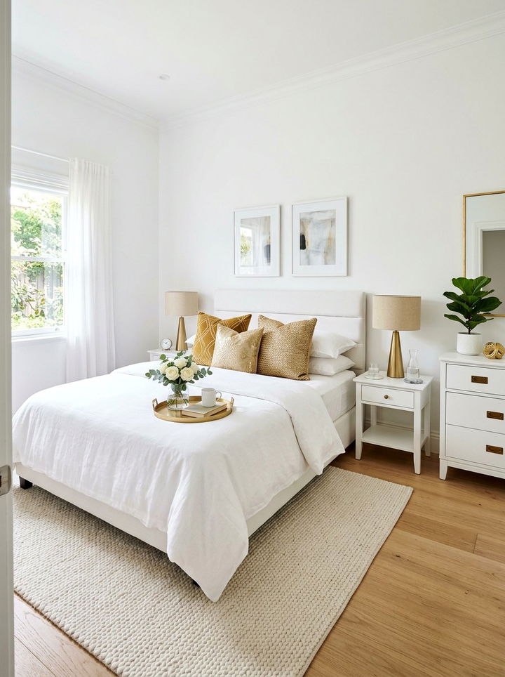 Guest white bedroom with gold throw pillows - 30 gold and white bedroom ideas