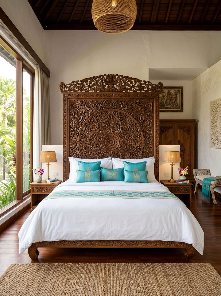 Hand Carved Teak Headboard - 30 handcrafted bedroom ideas