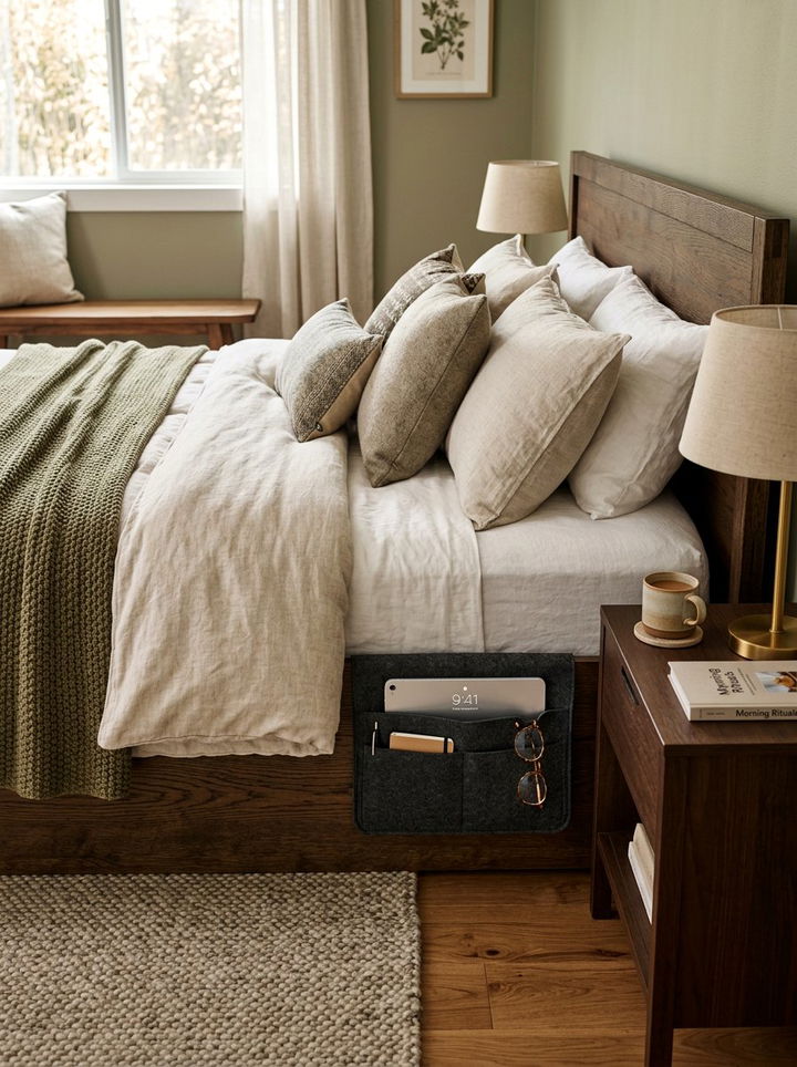Hanging Bedside Pockets - 30 small bedroom space storage ideas