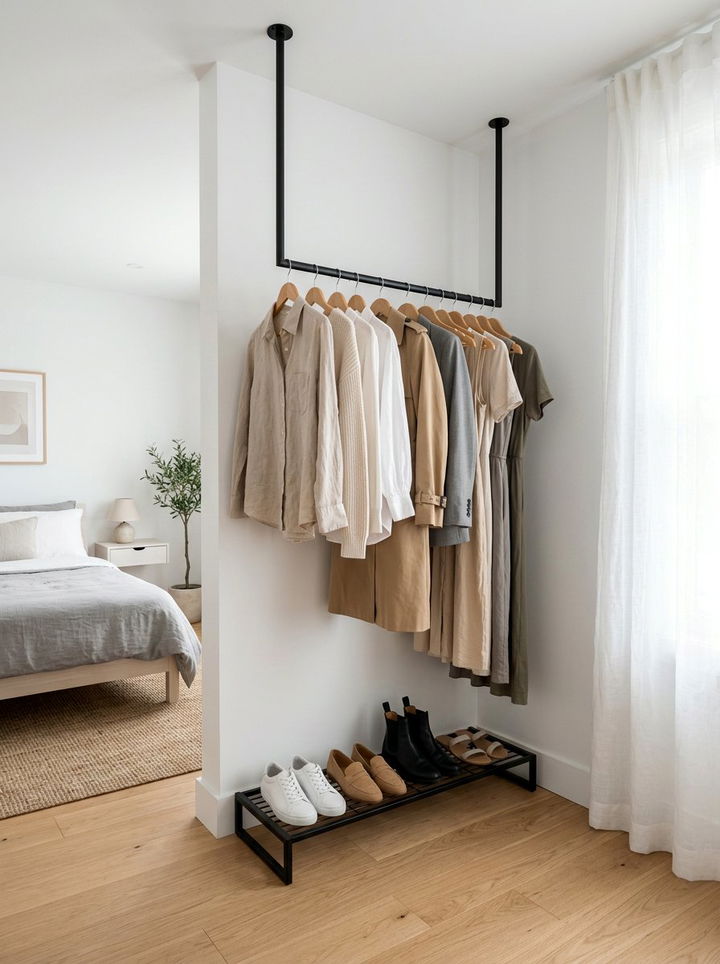 Hanging Clothes Rack - 30 bedroom space saving ideas