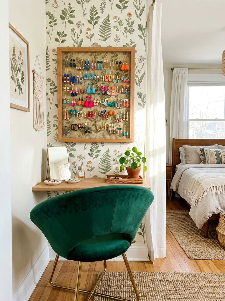 Hanging Earring Organizer - 30 bedroom jewelry storage ideas
