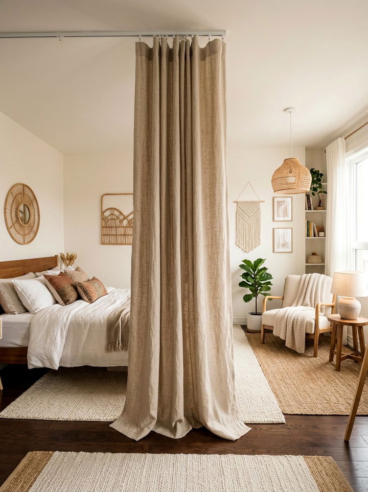 Hanging Fabric Curtain - 30 bedroom partition ideas
