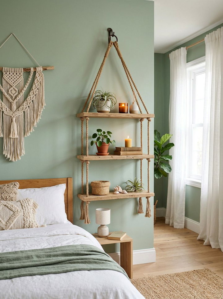 Hanging Rope Shelf - 30 bedroom corner shelving ideas