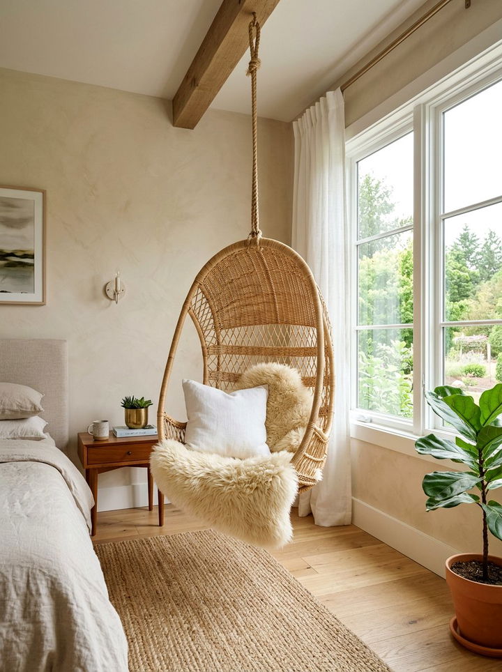 Hanging Wicker Chair - 30 bohemian beige bedroom ideas