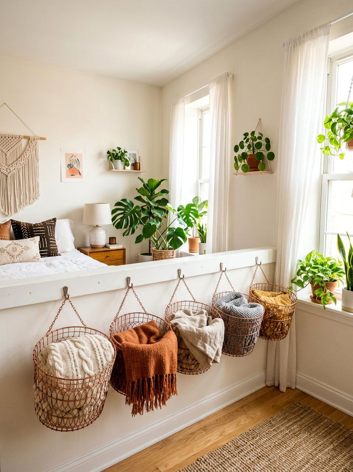Hanging Wire Basket Storage - 30 bedroom overhead storage ideas