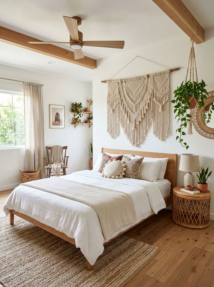 Hanging macrame wall art - 30 rustic white bedroom ideas
