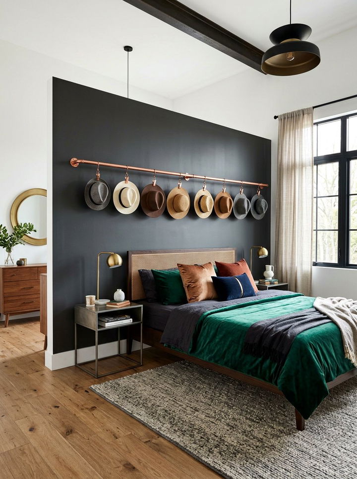 Hat copper pipe rail - 30 bedroom hat storage ideas