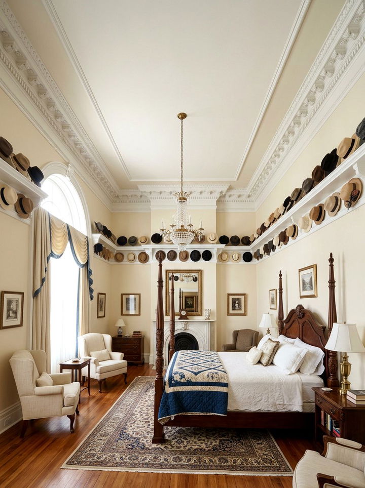 Hat crown molding shelf - 30 bedroom hat storage ideas