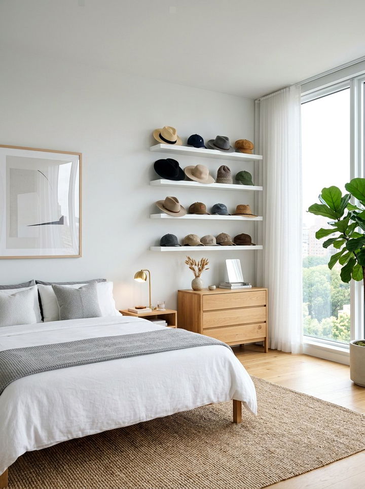 Hat floating shelf - 30 bedroom hat storage ideas