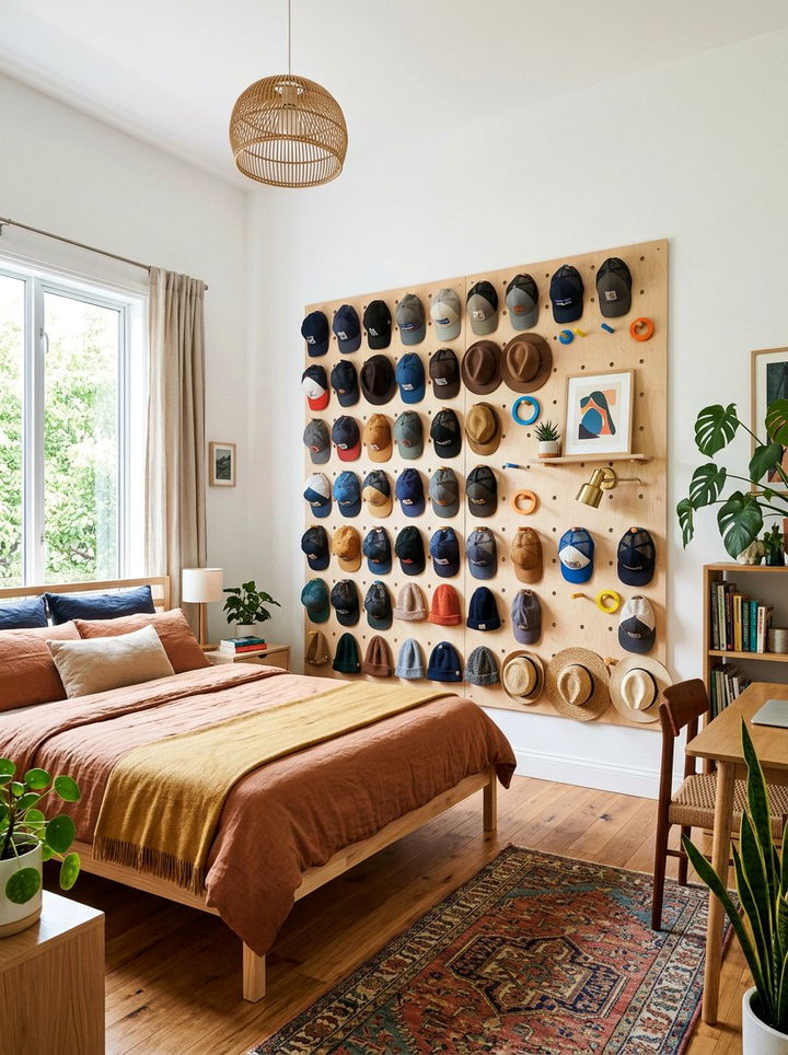 Hat pegboard organizer - 30 bedroom hat storage ideas