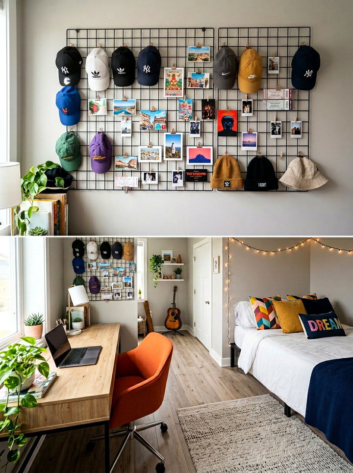 Hat wire grid wall - 30 bedroom hat storage ideas