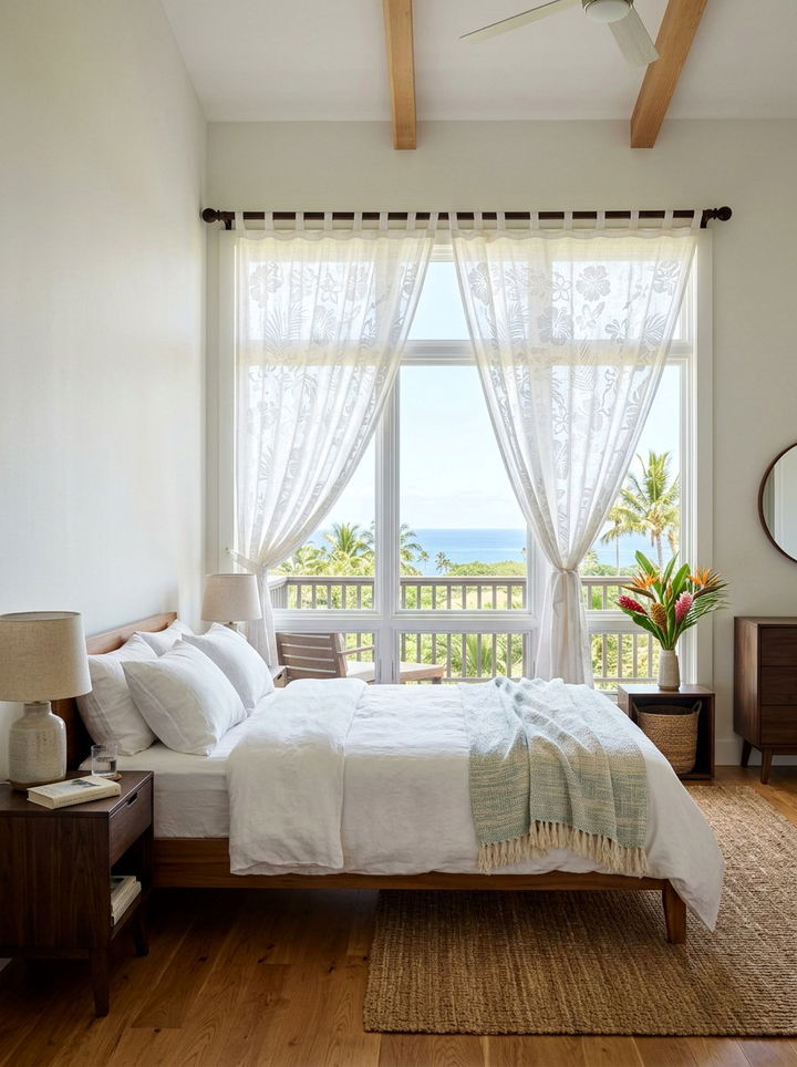Hawaiian White Linen Curtains - 30 Hawaiian bedroom ideas