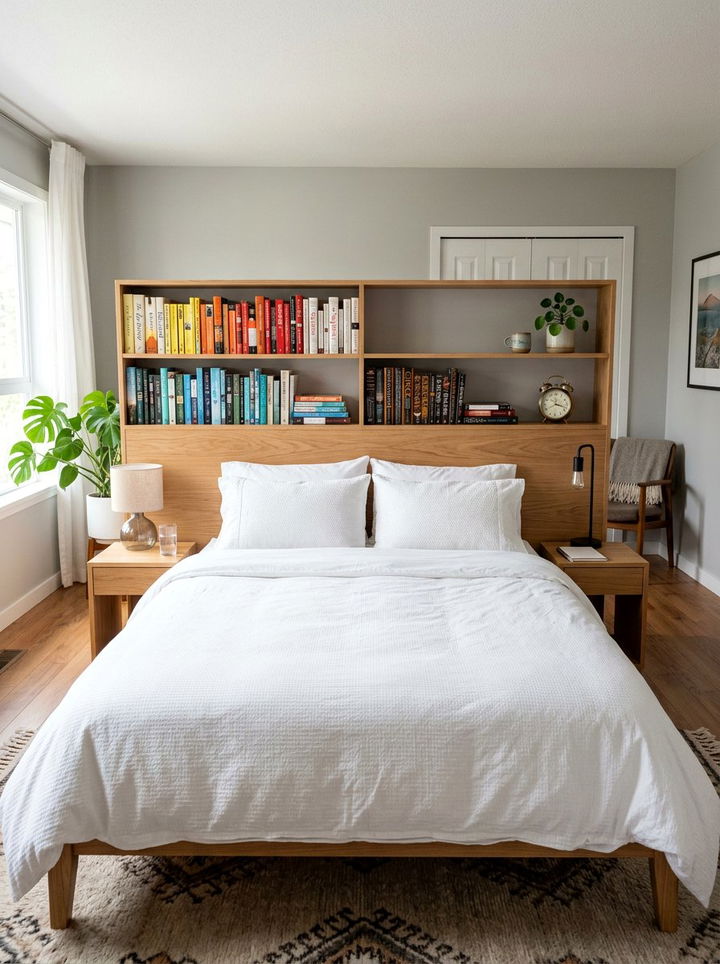 Headboard With Shelving - 30 bedroom space saving ideas