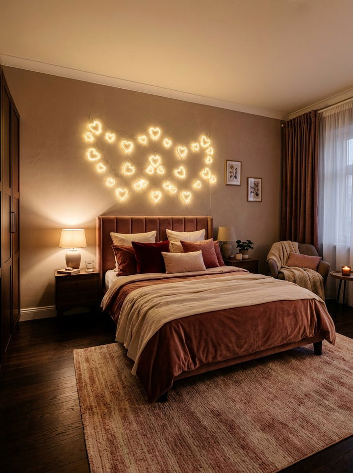 Heart shaped wall lights - 30 bedroom string lights ideas
