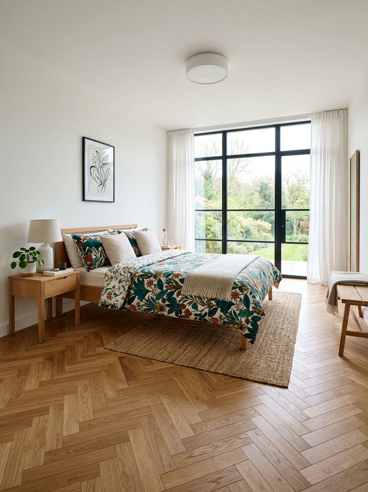 Herringbone Floor Botanical Bedding - 30 bedroom pattern mixing ideas