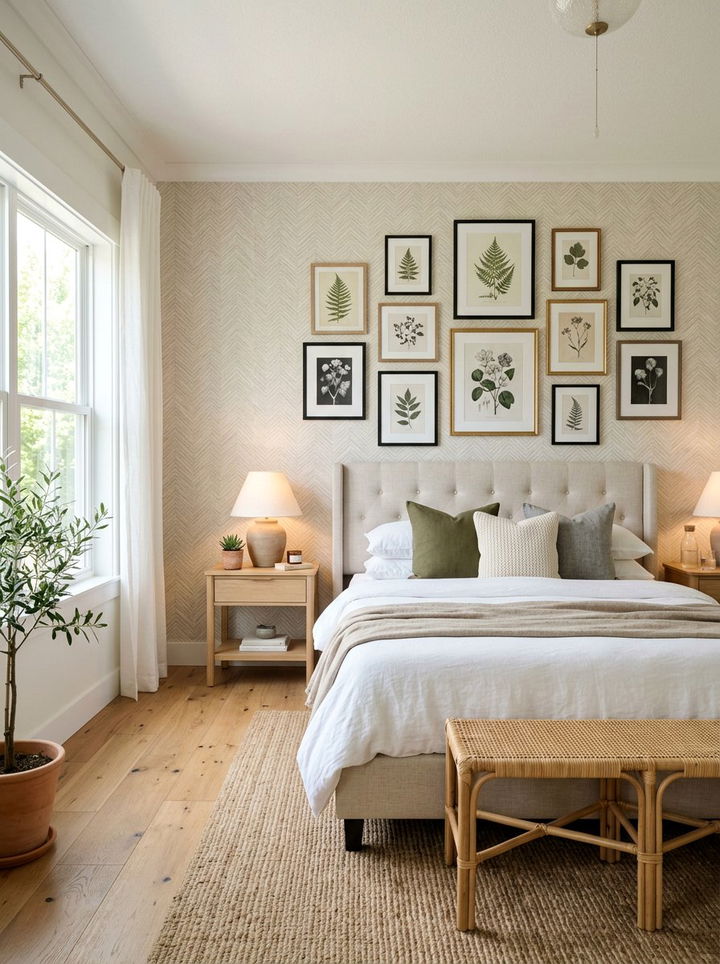 Herringbone Wallpaper Botanical Prints - 30 bedroom pattern mixing ideas