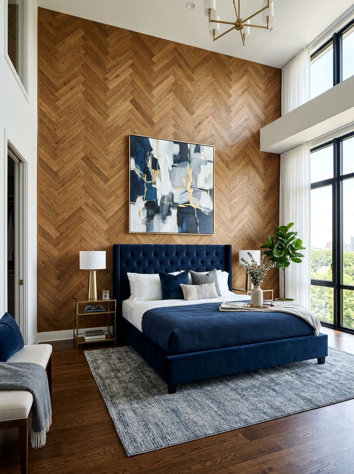 Herringbone Wood Accent Wall - 30 bedroom paneling ideas