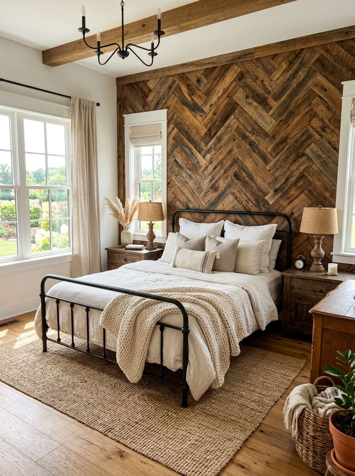 Herringbone Wood Accent Wall - 30 bedroom geometric wall designs