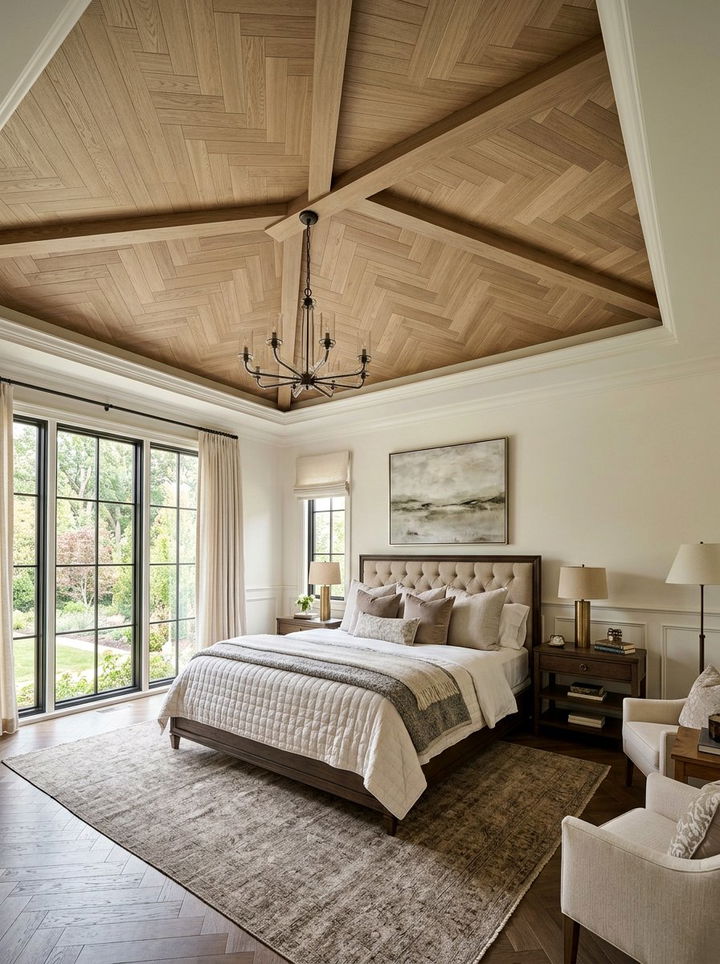 Herringbone Wood Ceiling - 30 bedroom ceiling ideas