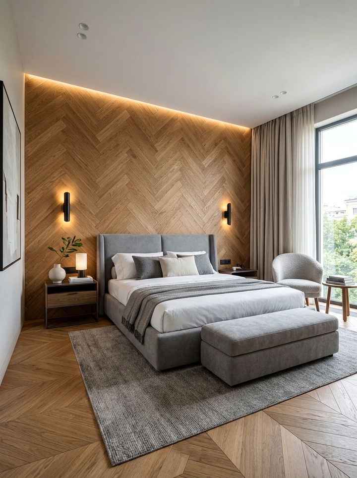 Herringbone Wood Panel - 30 bedroom wall texture ideas