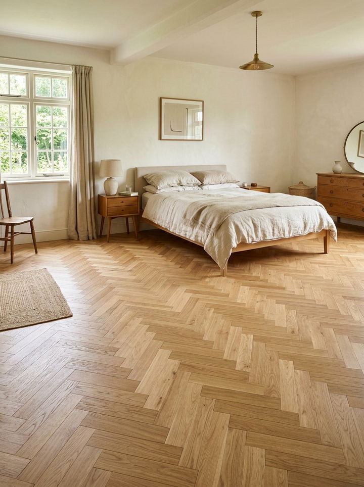 Herringbone wood bedroom floor - 30 period home bedroom ideas