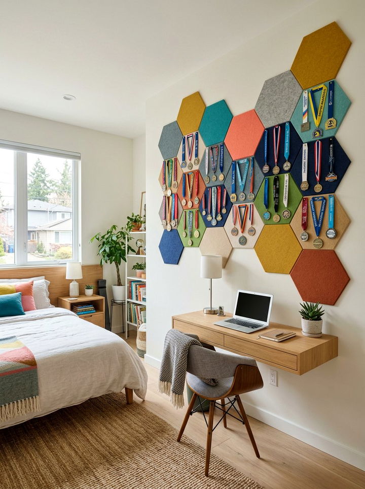 Hexagon Felt Tiles - 30 bedroom medal display ideas