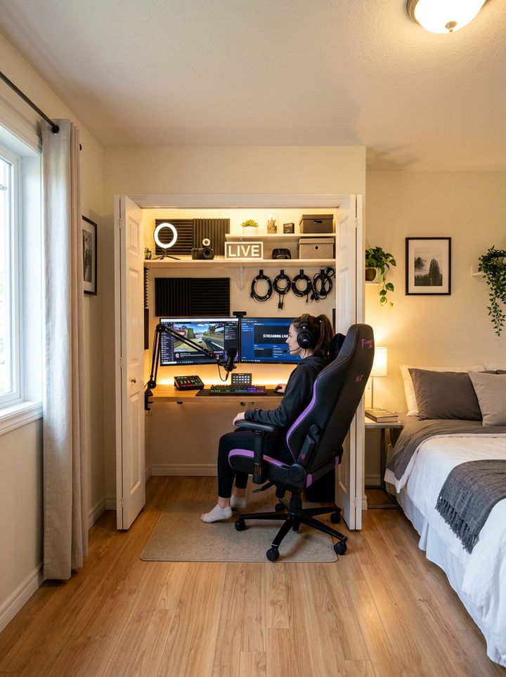 Hidden Closet Streamer Office - 30 streaming setup bedroom ideas