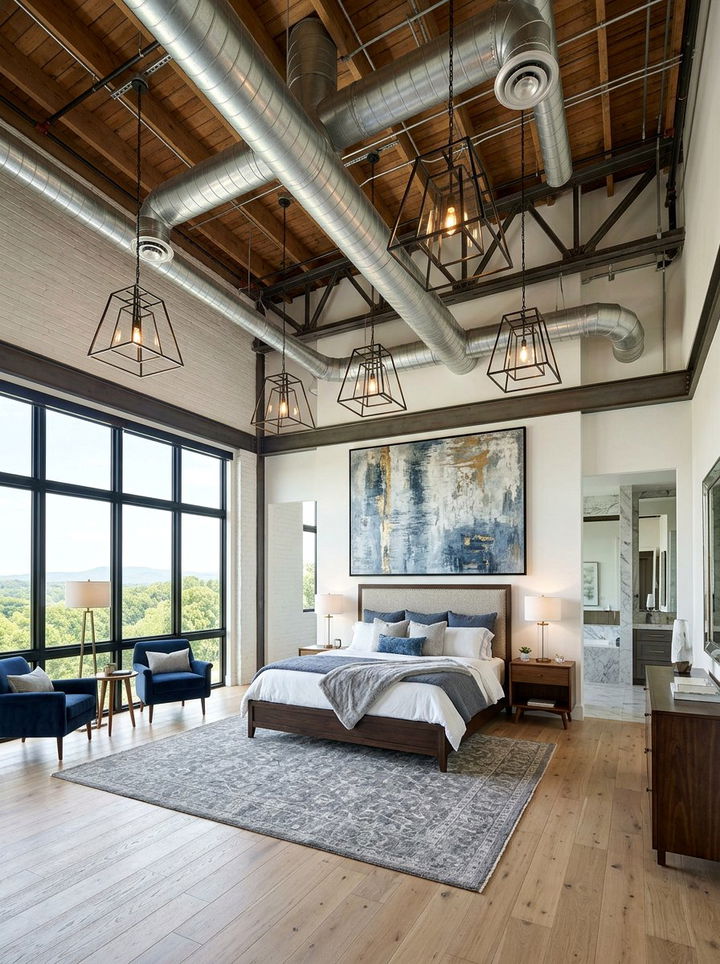 High Ceiling Master Suite - 30 exposed ductwork bedroom ideas