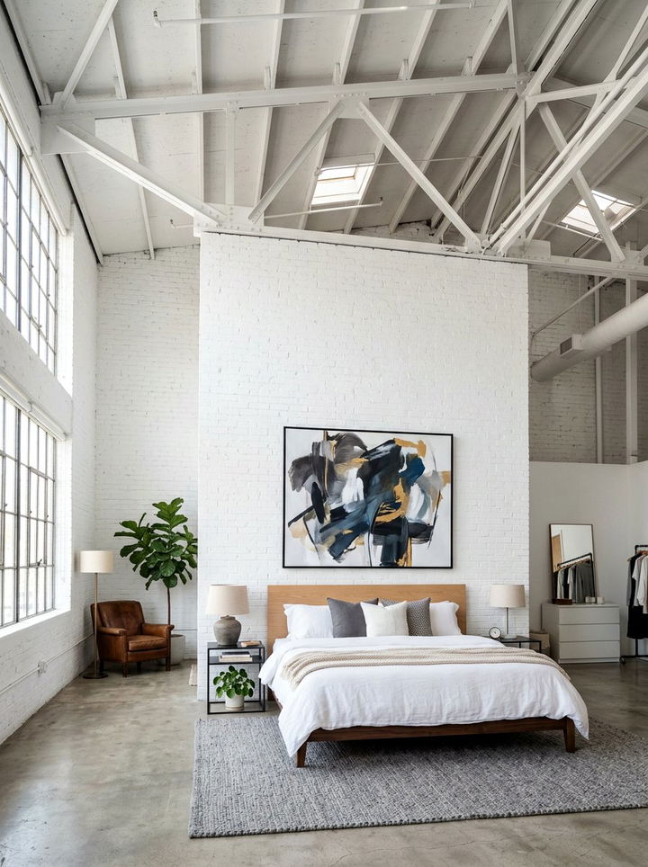High Ceiling White Industrial Bedroom - 30 industrial white bedroom ideas