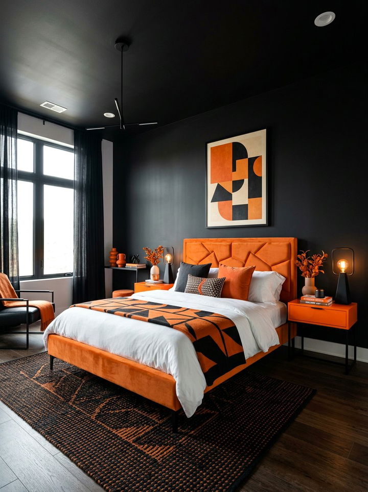High Contrast Black And Orange Bedroom - 30 orange bedroom ideas