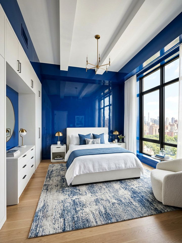 High Gloss Cobalt Blue Walls - 30 cobalt and white bedroom ideas