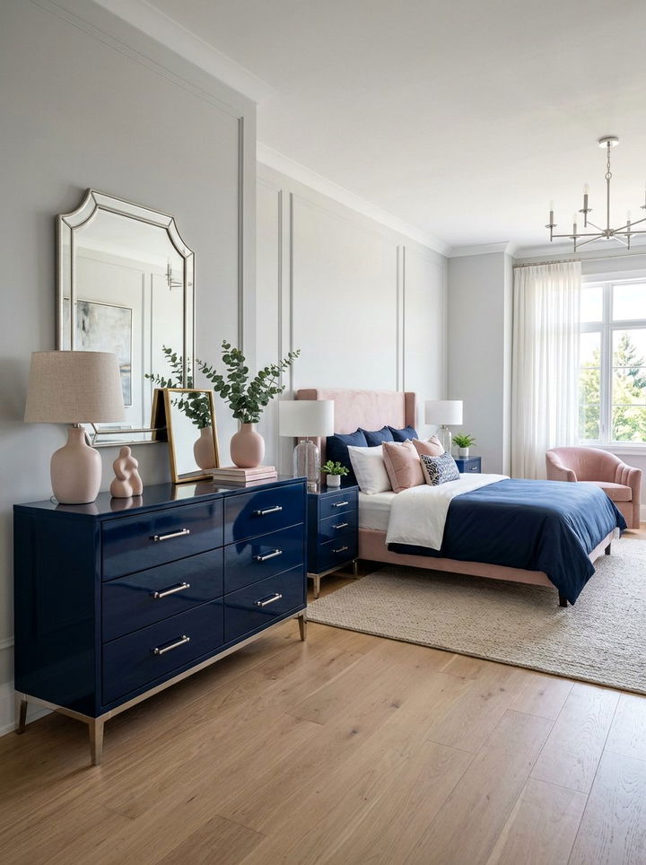 High Gloss Navy Finish - 30 navy and blush bedroom ideas