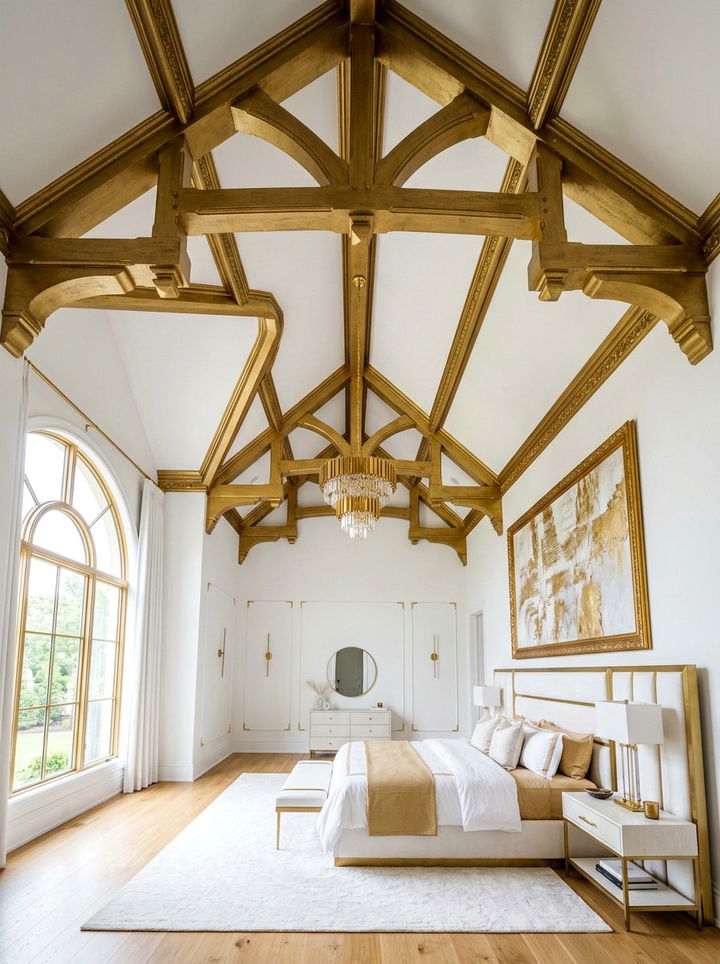 High ceiling white bedroom with gold beams - 30 gold and white bedroom ideas