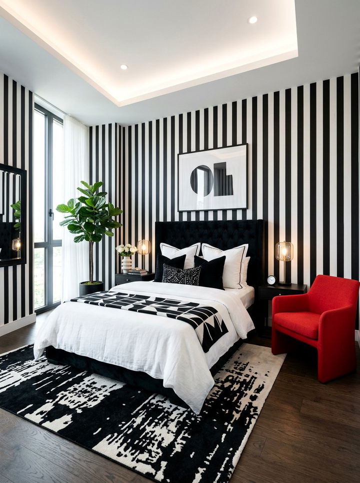 High contrast monochrome stripes - 30 bedroom striped wall ideas