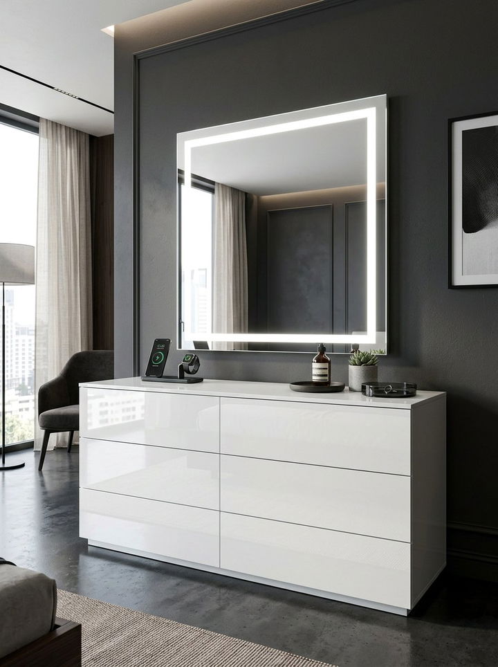High gloss dresser with backlit mirror - 30 bedroom dresser with mirror ideas