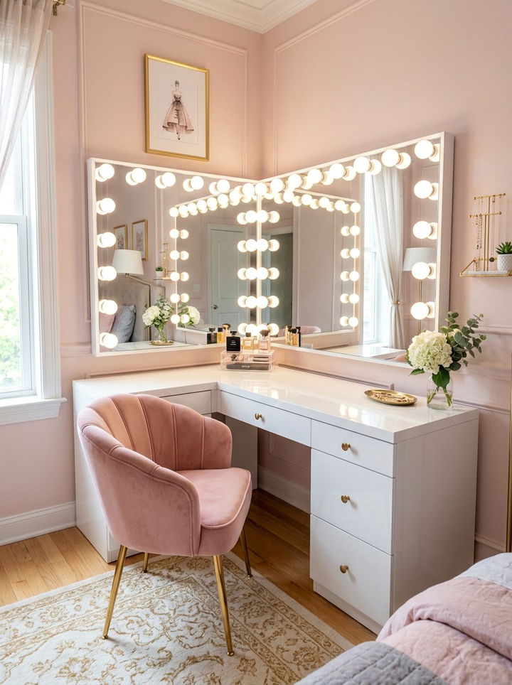 Hollywood Style Corner Vanity - 30 bedroom corner vanity ideas