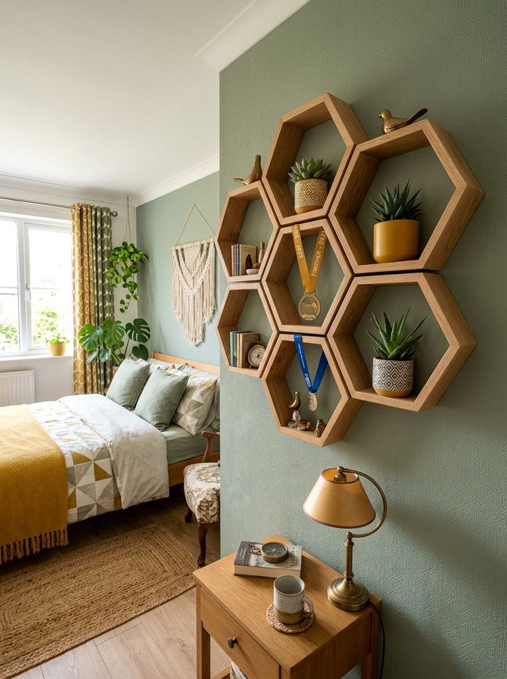Honeycomb Wall Shelves - 30 bedroom medal display ideas