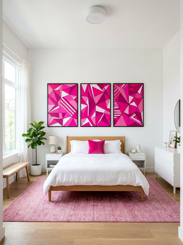Hot Pink Geometric Wall Art - 30 neon pink bedroom ideas