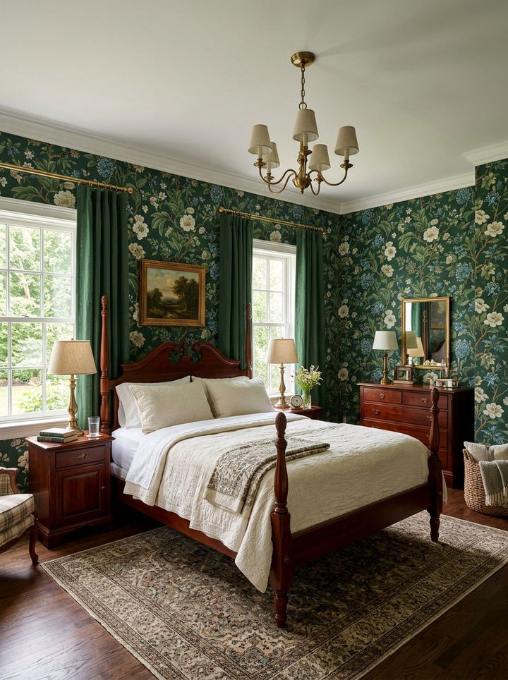 Hunter green floral wallpaper - 30 traditional green bedroom ideas