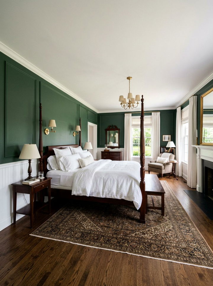 Hunter green paneled bedroom - 30 green and white bedroom ideas