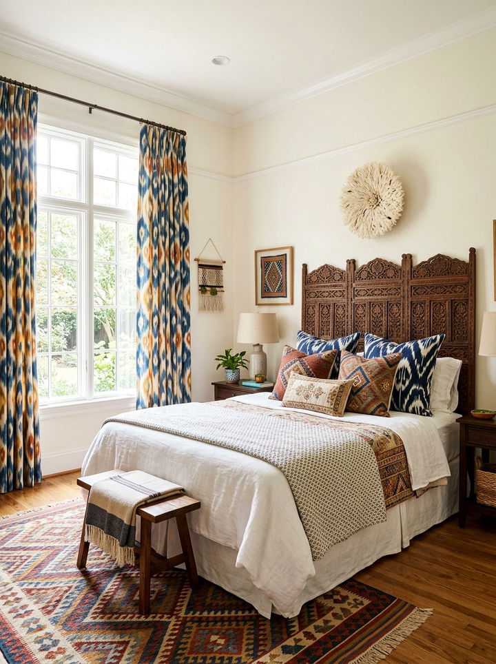Ikat Curtains Geometric Pillows - 30 bedroom pattern mixing ideas