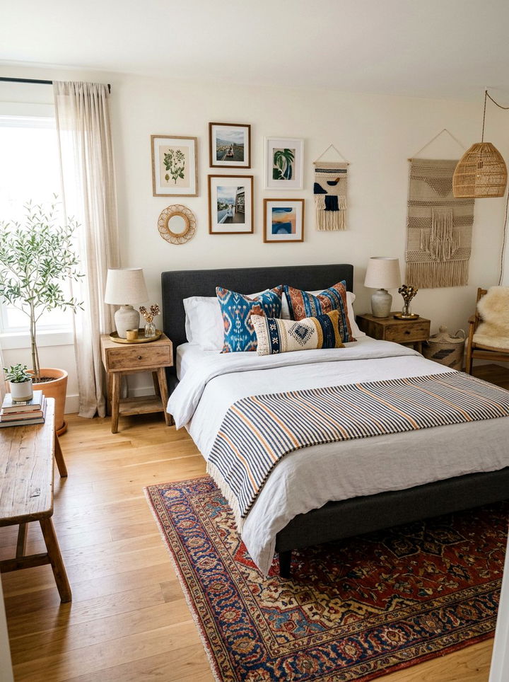 Ikat Pillows Striped Throw - 30 bedroom pattern mixing ideas