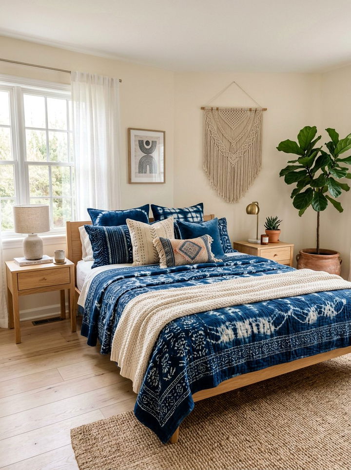 Indigo Blue Boho Bedding - 30 bohemian blue bedroom ideas