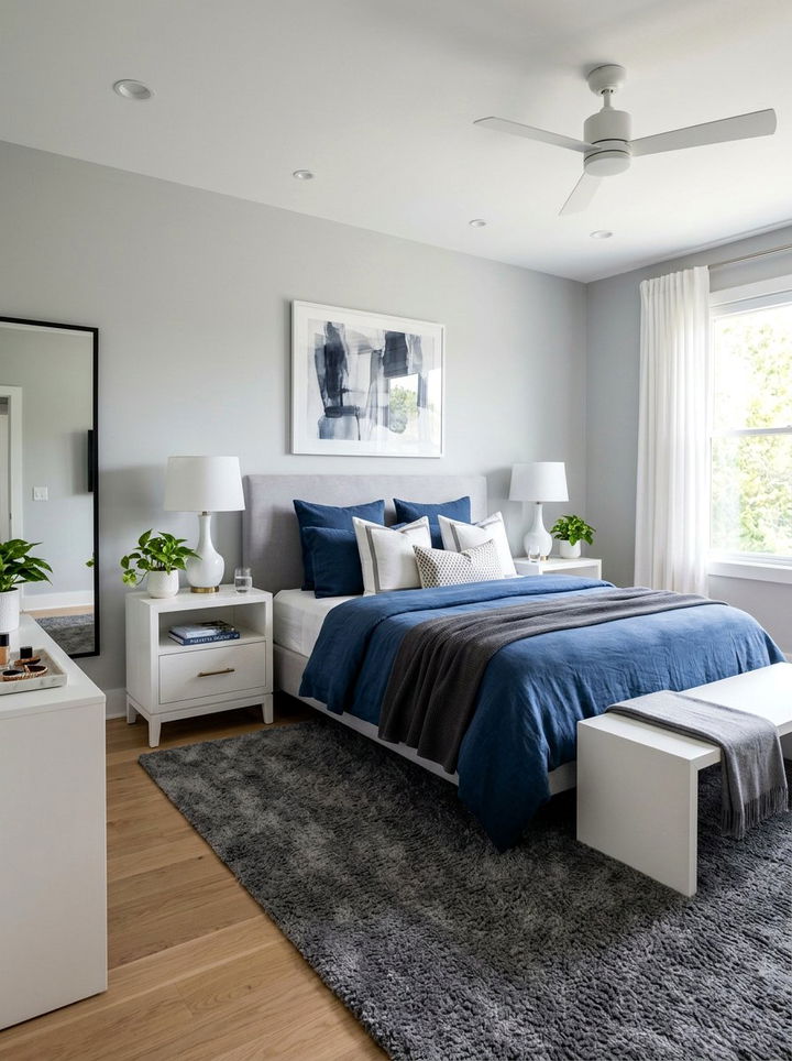 Indigo Blue Grey White Bedroom - 30 tricolor bedroom ideas