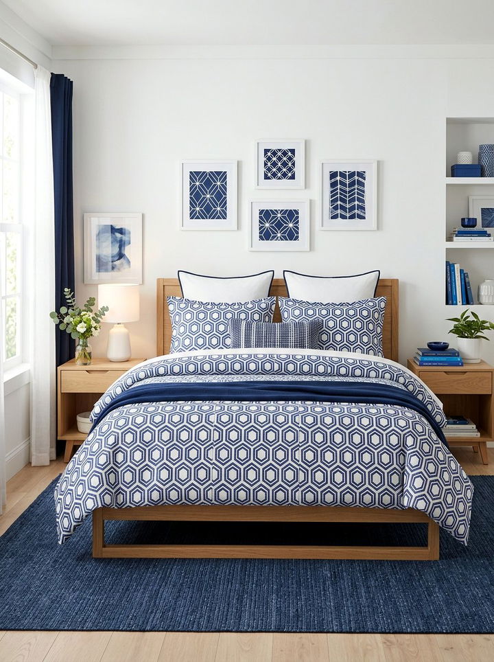 Indigo Geometric Print Bedding - 30 indigo bedroom ideas