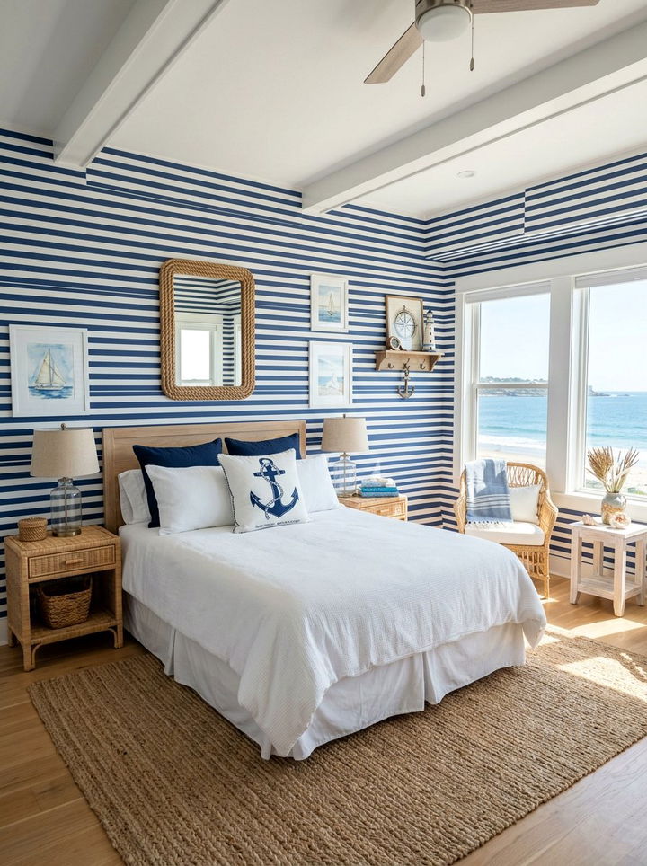 Indigo and white coastal stripes - 30 indigo and white bedroom ideas