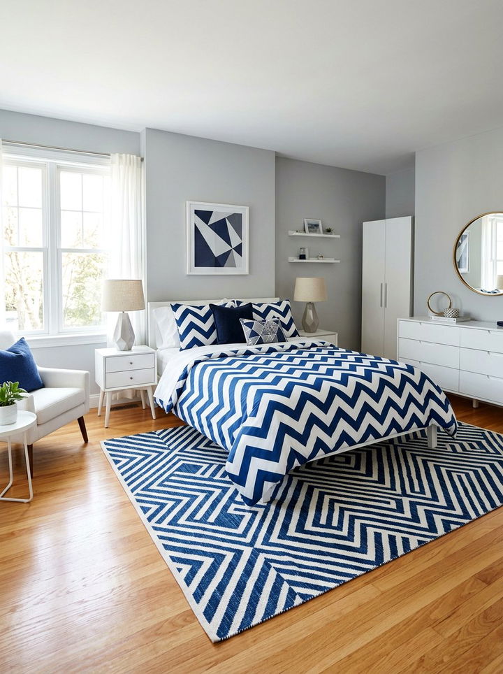Indigo and white geometric patterns - 30 indigo and white bedroom ideas